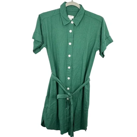 J. Crew Green Linen Blend Short Sleeve Button Front Belted Shirt Dress XXS NWT - Picture 1 of 8